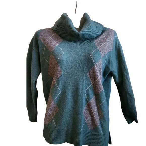 NWT Woolovers Cowl Neck Argyle Jumper Sweater Teal Blue Retro Women Small - Picture 2 of 16